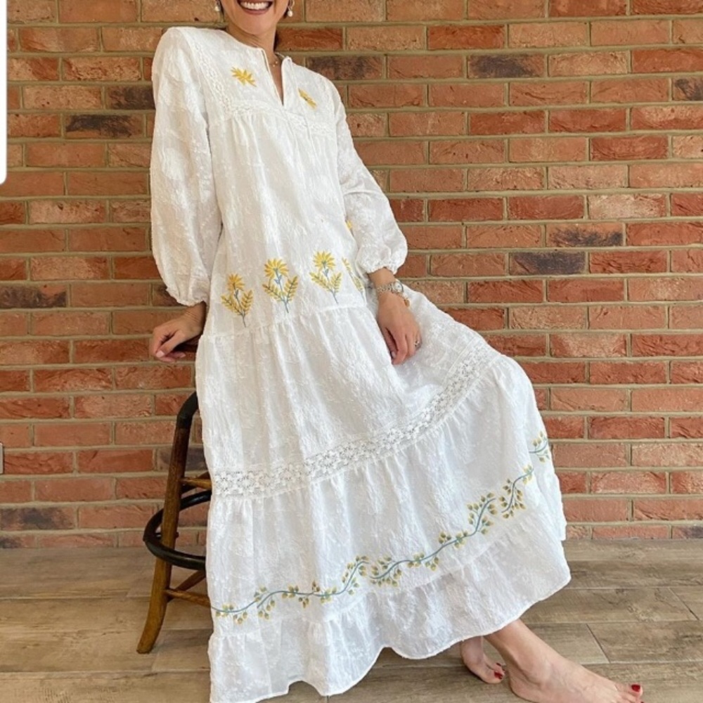 Zara White Maxi Dress with Yellow Floral Embroidery